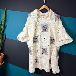 Cozy Crochet Cream and Purple Women's Granny Square Cardigan small